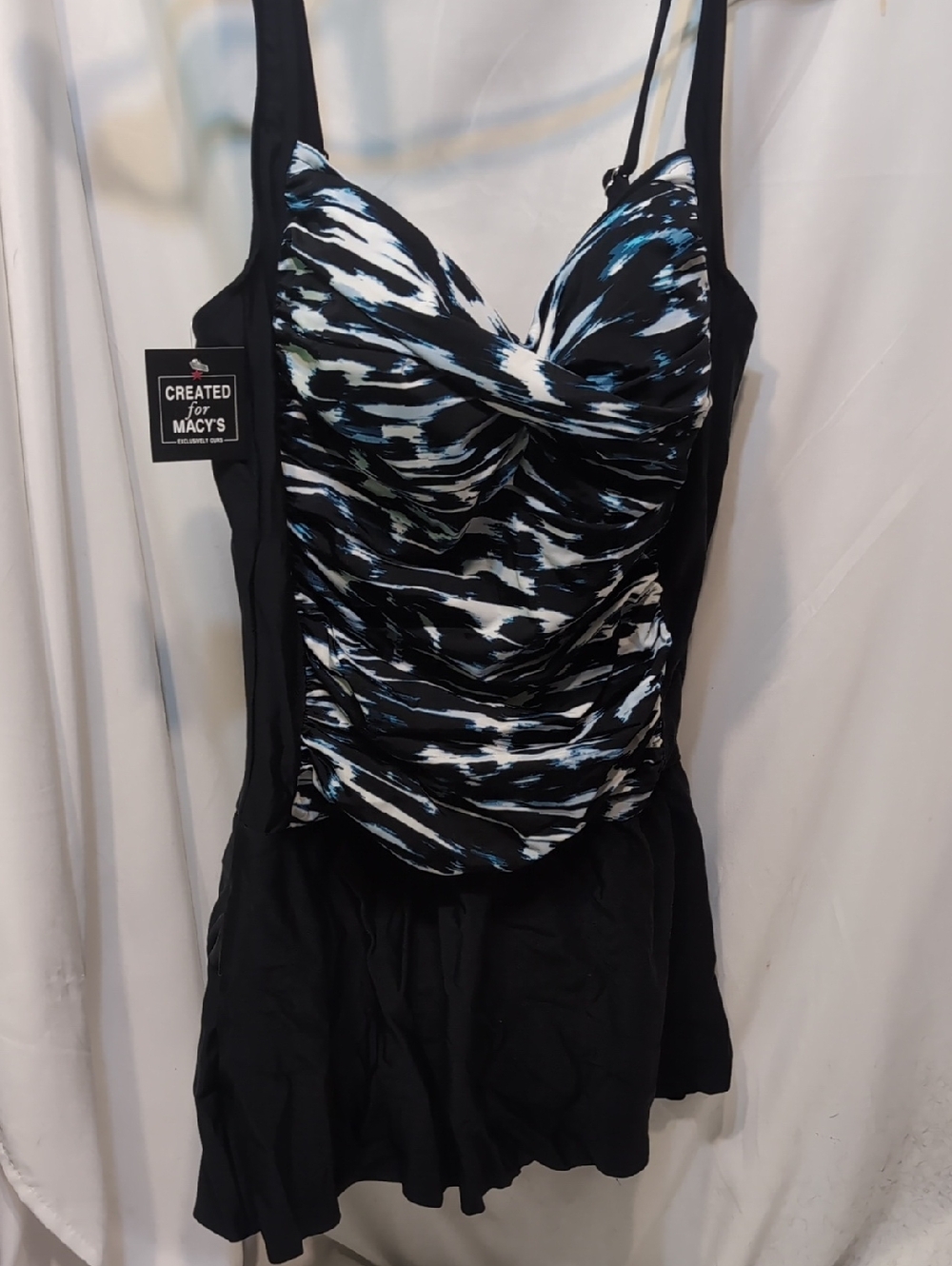 Swim Solutions Black One-Piece  Swimsuit with Blue & White Abstract Print Sz 14